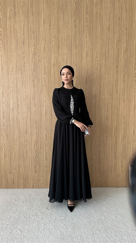 845 F Yaprak Abiye-Siyah