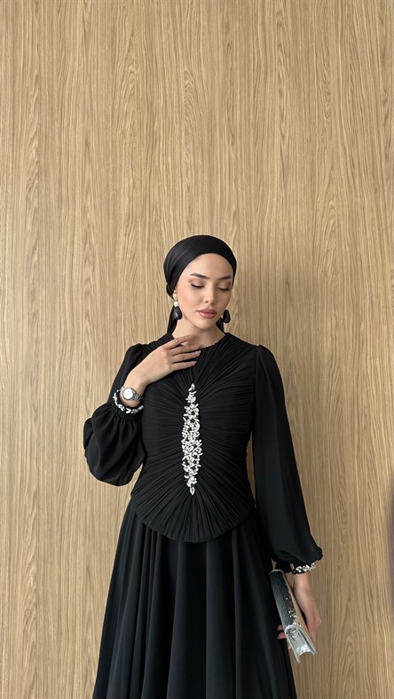 845 F Yaprak Abiye-Siyah