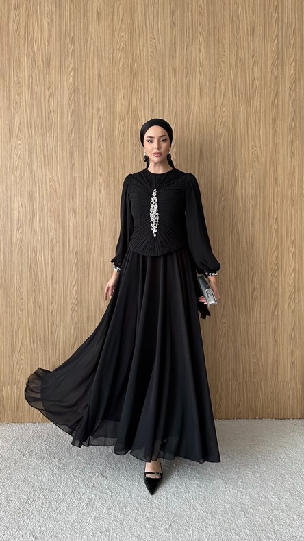 845 F Yaprak Abiye-Siyah