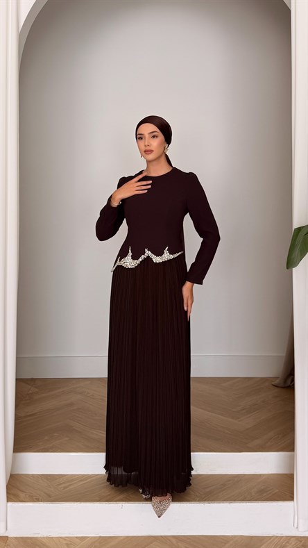 856 G Abiye Elbise-Kahve Rengi