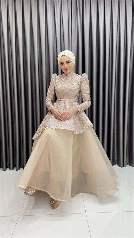 9450 N - Broker Kumaşlı Prenses Model Abiye Elbise-Gold Rengi