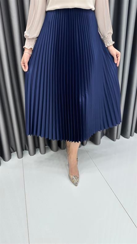 9787 Y - Piliseli Saten Bayan Etek-Lacivert