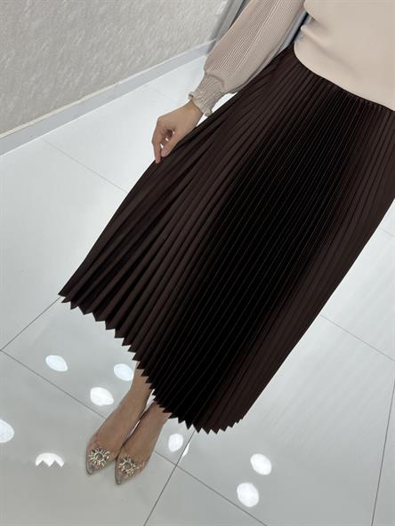 9787 Y - Piliseli Saten Bayan Etek-Kahve Rengi