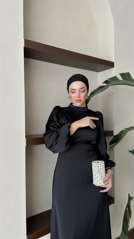 9816 Y Saten Elbise-Siyah