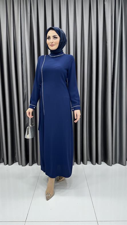 9817 Y - Yandan Bağlama ve Taşlı Şerit Detaylı Krep Bayan Elbise-İndigo Mavi