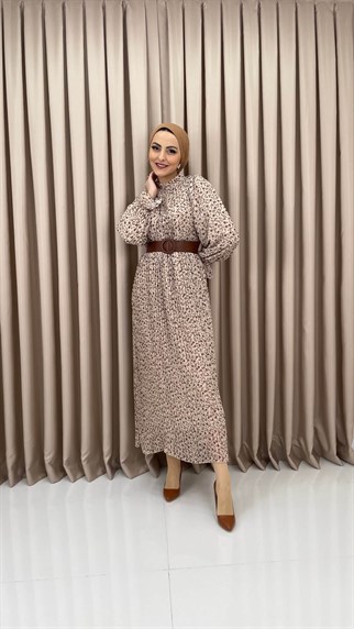 982 - Kemer Detaylı Desenli Elbise - Kahve Rengi