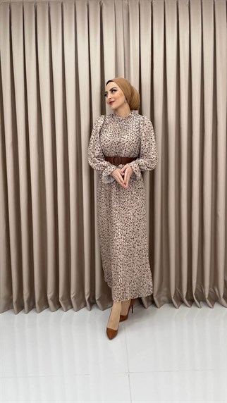 982 - Kemer Detaylı Desenli Elbise - Kahve Rengi
