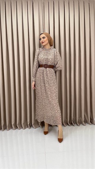982 - Kemer Detaylı Desenli Elbise - Kahve Rengi