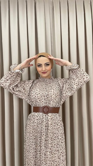 982 - Kemer Detaylı Desenli Elbise - Kahve Rengi