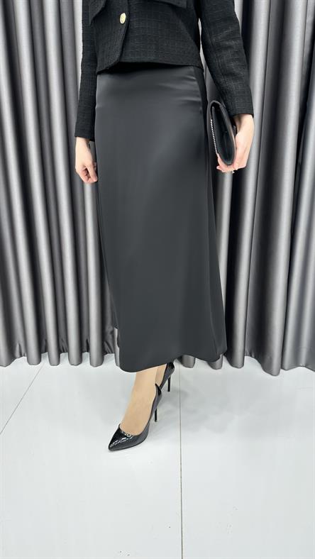 9827 Y - Rahat Kesim Saten Bayan Etek-Siyah