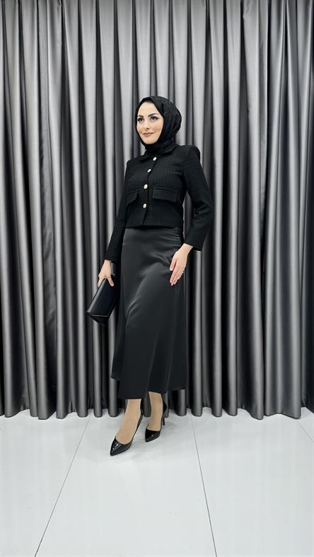 9827 Y - Rahat Kesim Saten Bayan Etek-Siyah