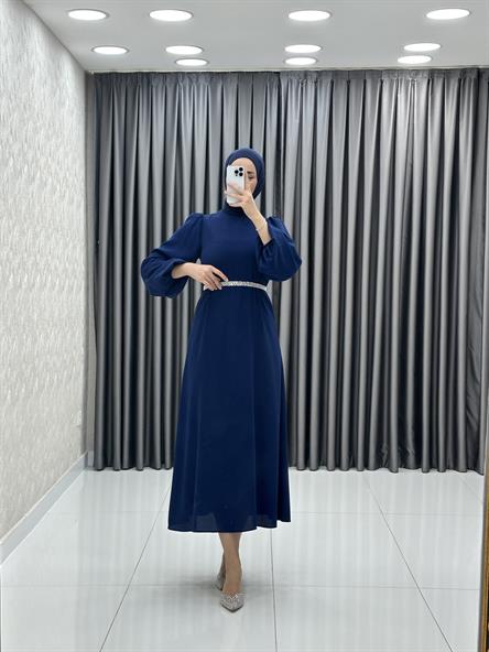 9879 Y - İncili Kemer ve Balon Kol Detaylı Krep Bayan Elbise-İndigo Mavi