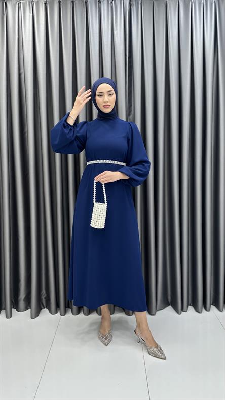 9879 Y - İncili Kemer ve Balon Kol Detaylı Krep Bayan Elbise-İndigo Mavi