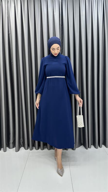 9879 Y - İncili Kemer ve Balon Kol Detaylı Krep Bayan Elbise-İndigo Mavi