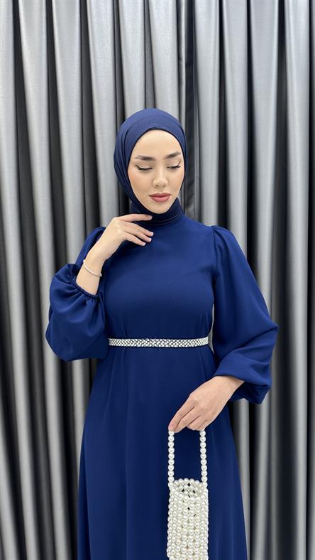9879 Y - İncili Kemer ve Balon Kol Detaylı Krep Bayan Elbise-İndigo Mavi