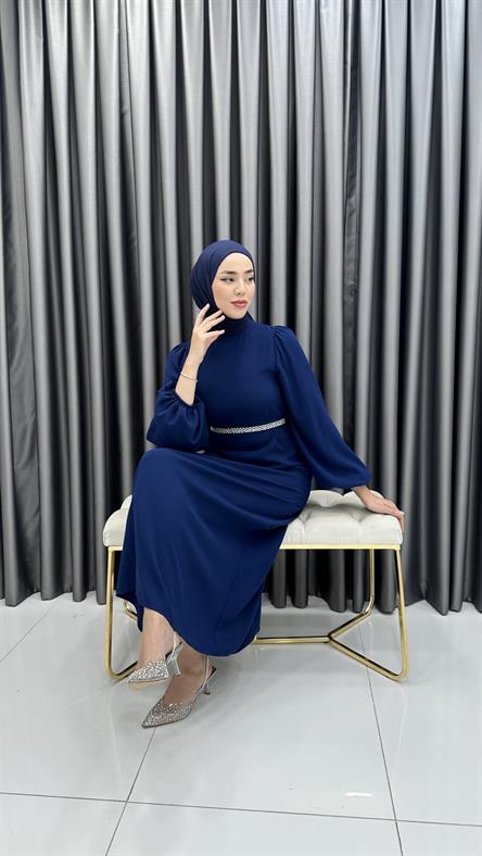 9879 Y - İncili Kemer ve Balon Kol Detaylı Krep Bayan Elbise-İndigo Mavi