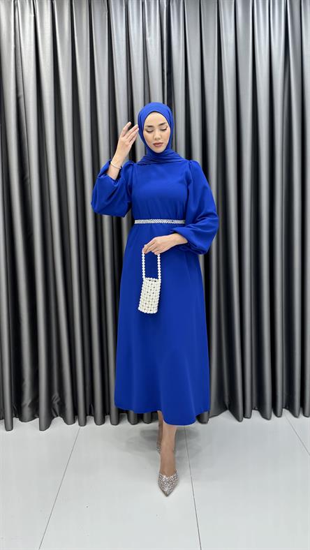 9879 Y - İncili Kemer ve Balon Kol Detaylı Krep Bayan Elbise-Saks Mavi