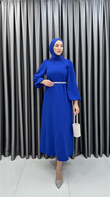 9879 Y - İncili Kemer ve Balon Kol Detaylı Krep Bayan Elbise-Saks Mavi
