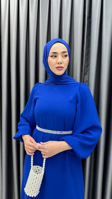 9879 Y - İncili Kemer ve Balon Kol Detaylı Krep Bayan Elbise-Saks Mavi