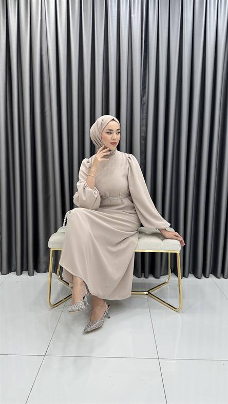 9879 Y - İncili Kemer ve Balon Kol Detaylı Krep Bayan Elbise-Taş