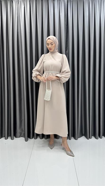 9879 Y - İncili Kemer ve Balon Kol Detaylı Krep Bayan Elbise-Taş