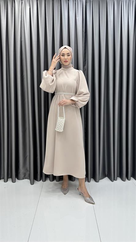 9879 Y - İncili Kemer ve Balon Kol Detaylı Krep Bayan Elbise-Taş