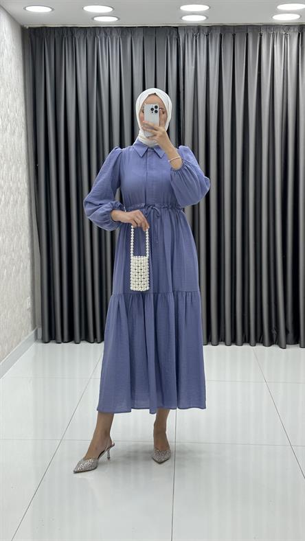 9899 Y - Belden Büzgü ve Volan Detaylı Poplin Bayan Elbise-Lila