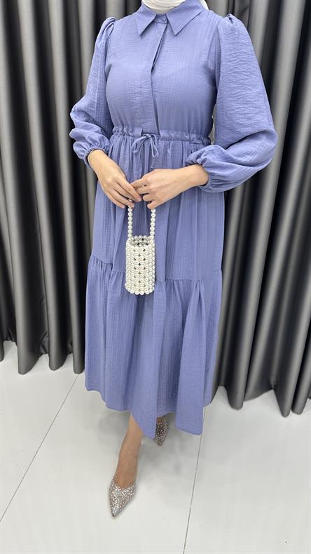9899 Y - Belden Büzgü ve Volan Detaylı Poplin Bayan Elbise-Lila