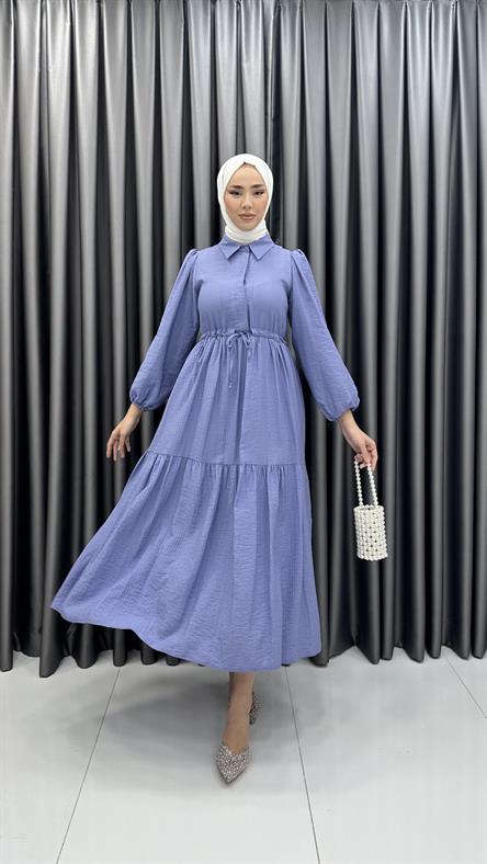 9899 Y - Belden Büzgü ve Volan Detaylı Poplin Bayan Elbise-Lila
