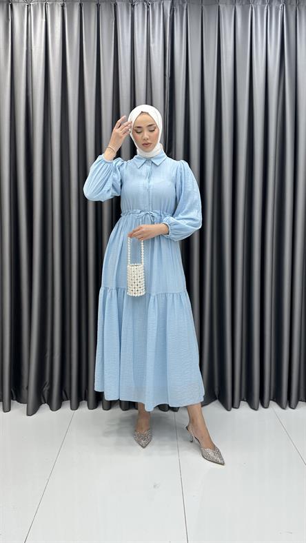 9899 Y - Belden Büzgü ve Volan Detaylı Poplin Bayan Elbise-Mavi