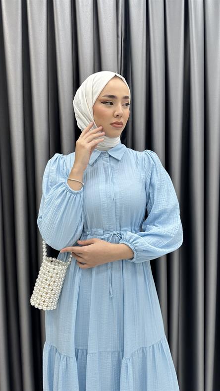 9899 Y - Belden Büzgü ve Volan Detaylı Poplin Bayan Elbise-Mavi