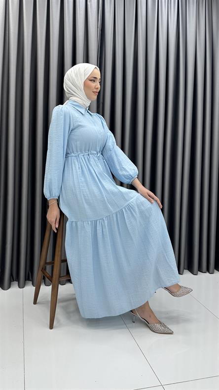 9899 Y - Belden Büzgü ve Volan Detaylı Poplin Bayan Elbise-Mavi