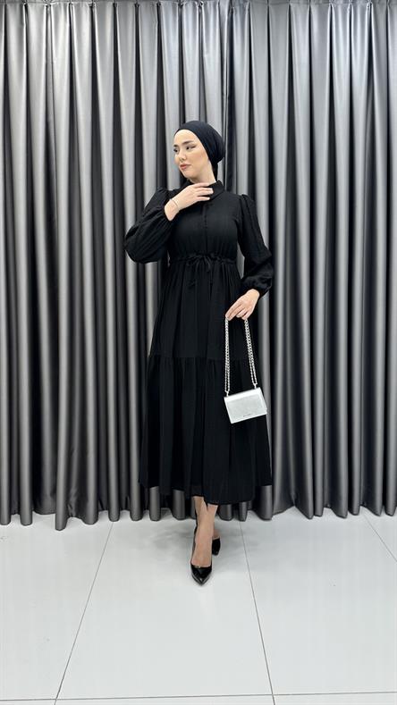 9899 Y - Belden Büzgü ve Volan Detaylı Poplin Bayan Elbise-Siyah