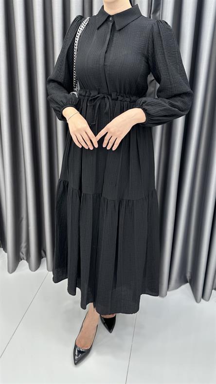 9899 Y - Belden Büzgü ve Volan Detaylı Poplin Bayan Elbise-Siyah