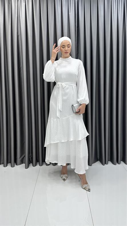 9905 Y - Belden Bağlama ve Volan Detaylı Jakar Bayan Elbise-Ekru