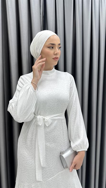 9905 Y - Belden Bağlama ve Volan Detaylı Jakar Bayan Elbise-Ekru