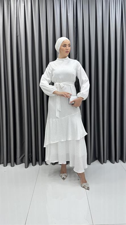 9905 Y - Belden Bağlama ve Volan Detaylı Jakar Bayan Elbise-Ekru