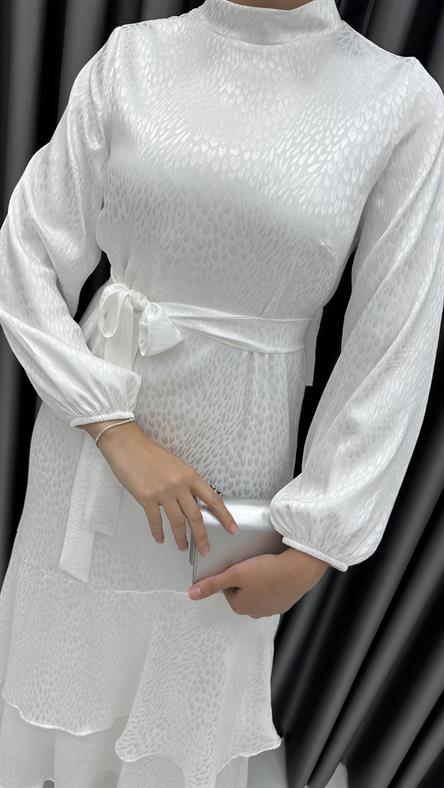 9905 Y - Belden Bağlama ve Volan Detaylı Jakar Bayan Elbise-Ekru