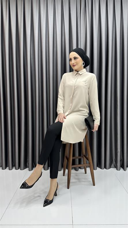 T 0767 - Cep Detaylı ve Arkası Uzun Kesimli Krep Tunik-Bej