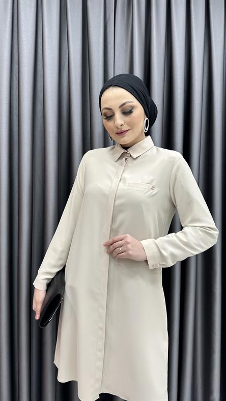 T 0767 - Cep Detaylı ve Arkası Uzun Kesimli Krep Tunik-Bej