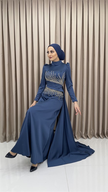 4507 H Abiye Elbise-İndigo Mavi