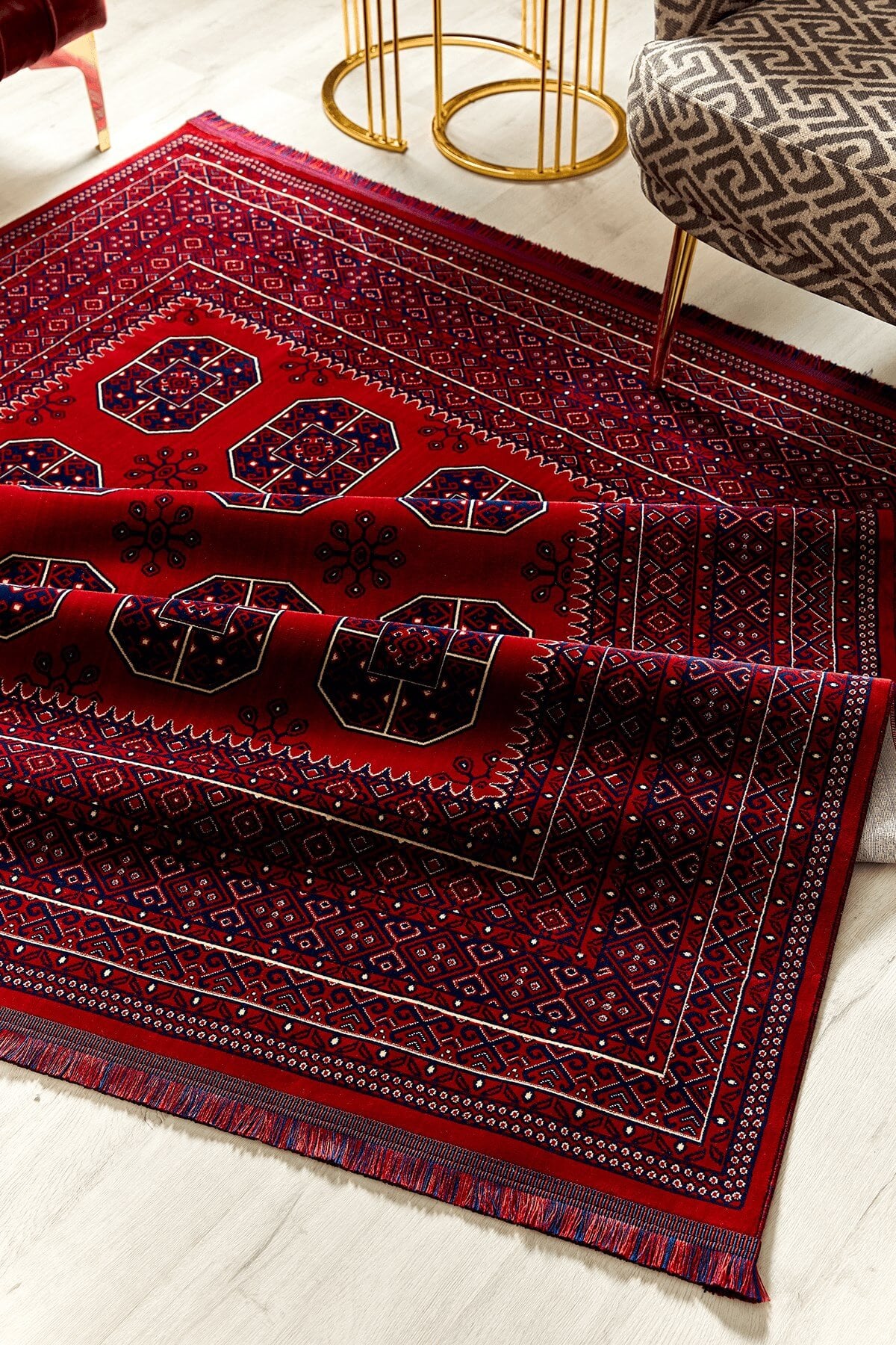 Kırmızı Renkli Afgan Motifli Yıkanabilir Otantik Dokuma Halı 01
