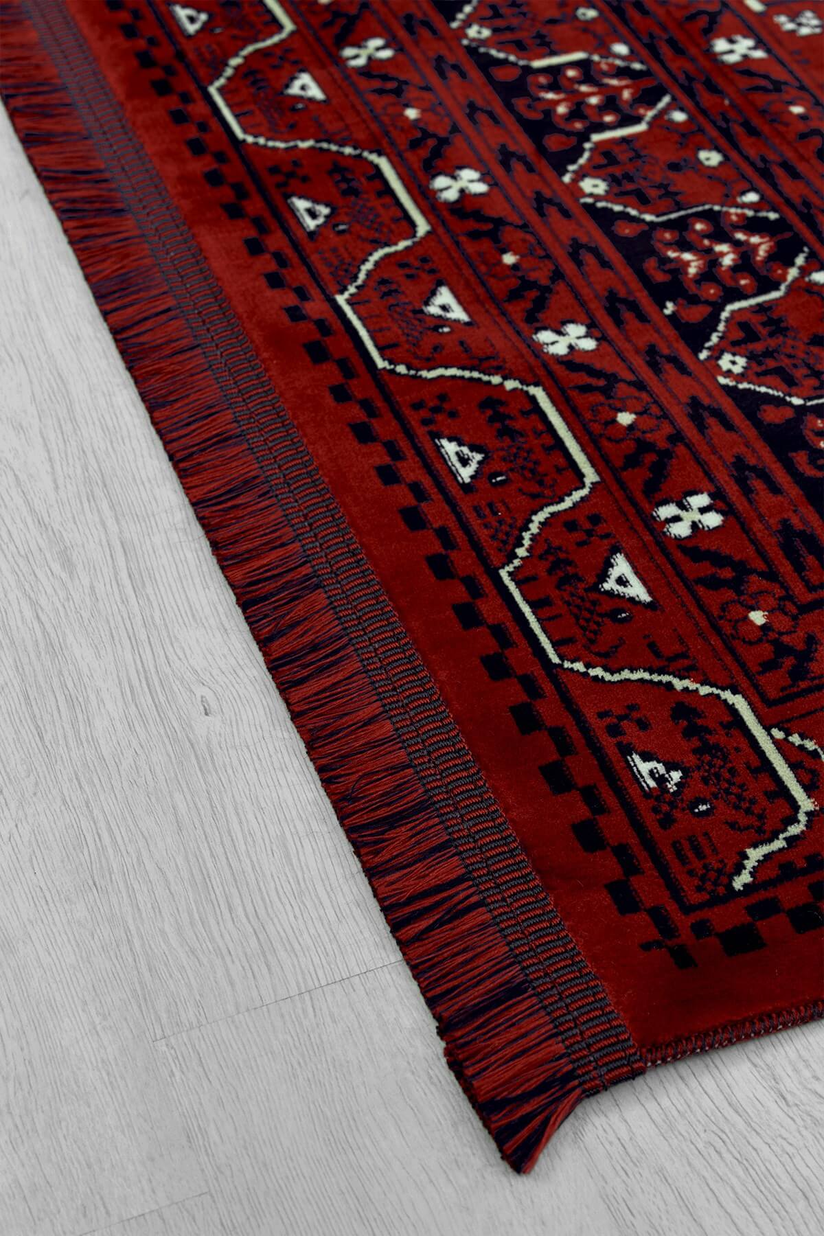 Kırmızı Renkli Afgan Motifli Yıkanabilir Otantik Dokuma Halı 02