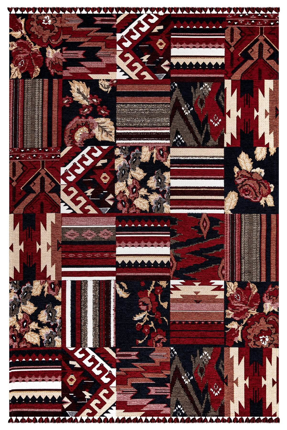 Kırmızı Renkli Afgan Tarzı Altı Kaymaz Yıkanabilir Şönil Kilim