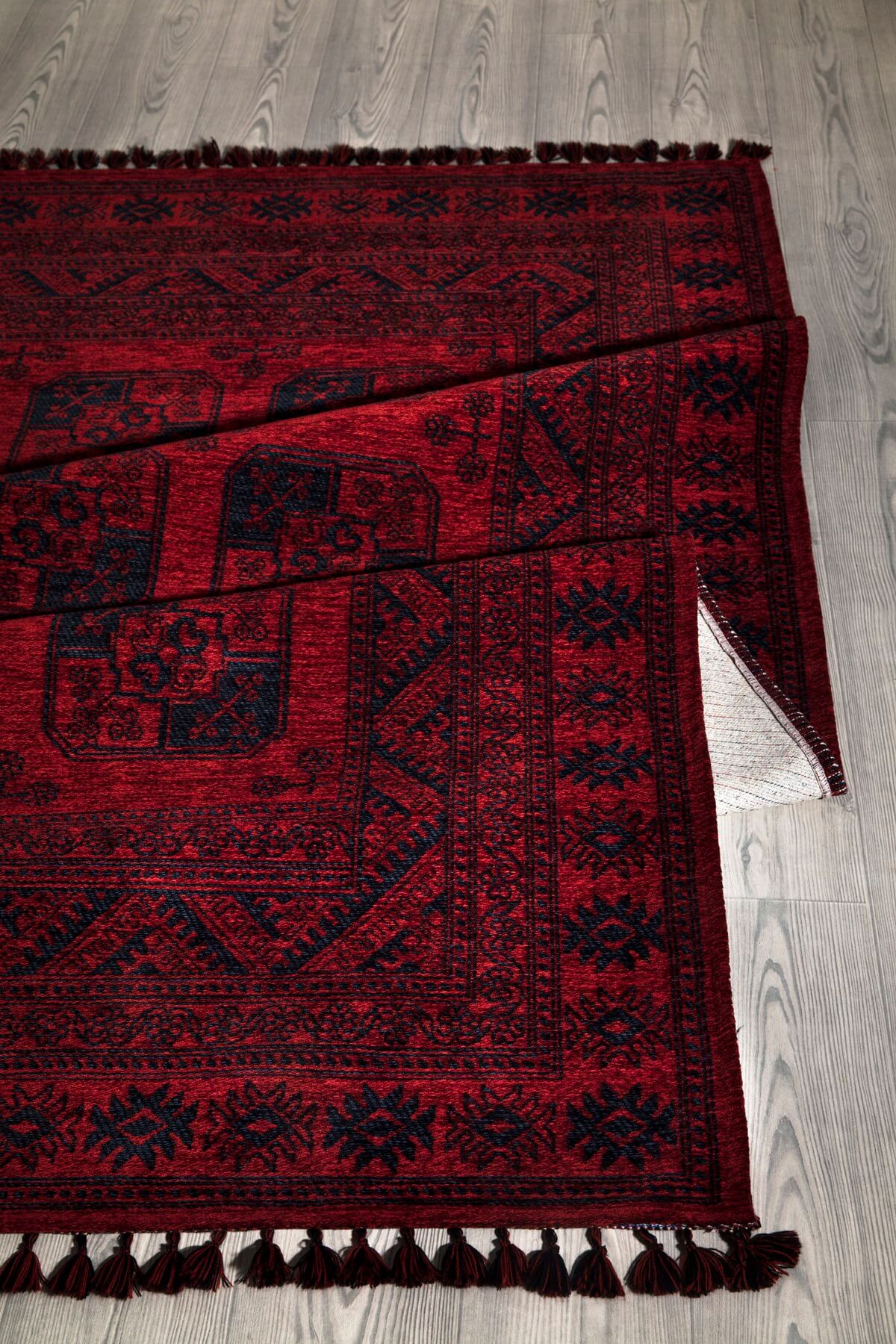 Kırmızı Renkli Afgan Tarzı Altı Kaymaz Yıkanabilir Şönil Kilim