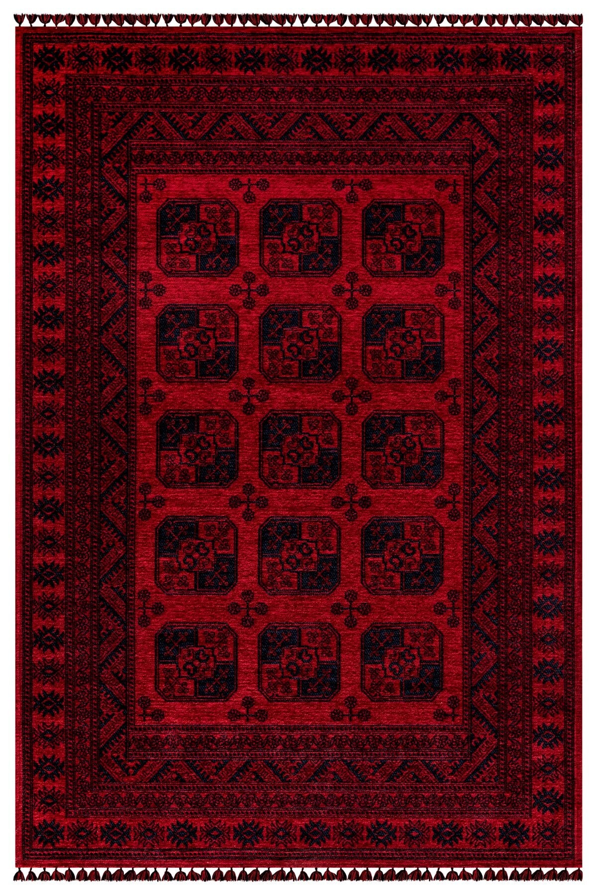 Kırmızı Renkli Afgan Tarzı Altı Kaymaz Yıkanabilir Şönil Kilim