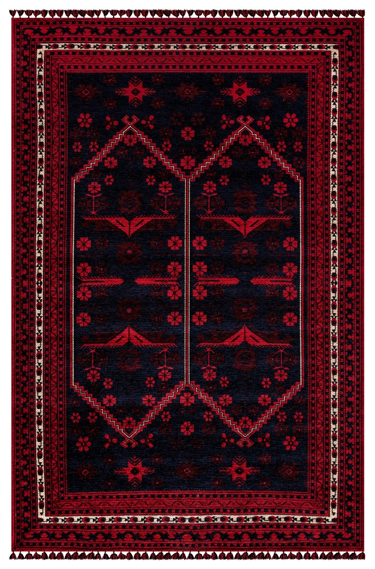 Kırmızı Renkli Afgan Tarzı Altı Kaymaz Şönil Kilim
