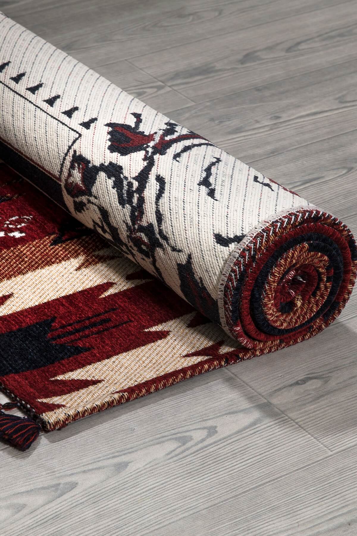 Kırmızı Renkli Afgan Tarzı Altı Kaymaz Yıkanabilir Şönil Kilim