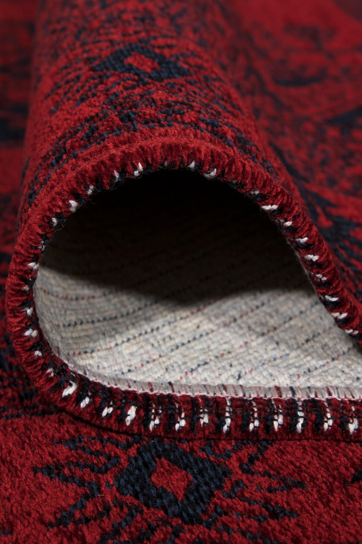 Kırmızı Renkli Afgan Tarzı Altı Kaymaz Yıkanabilir Şönil Kilim