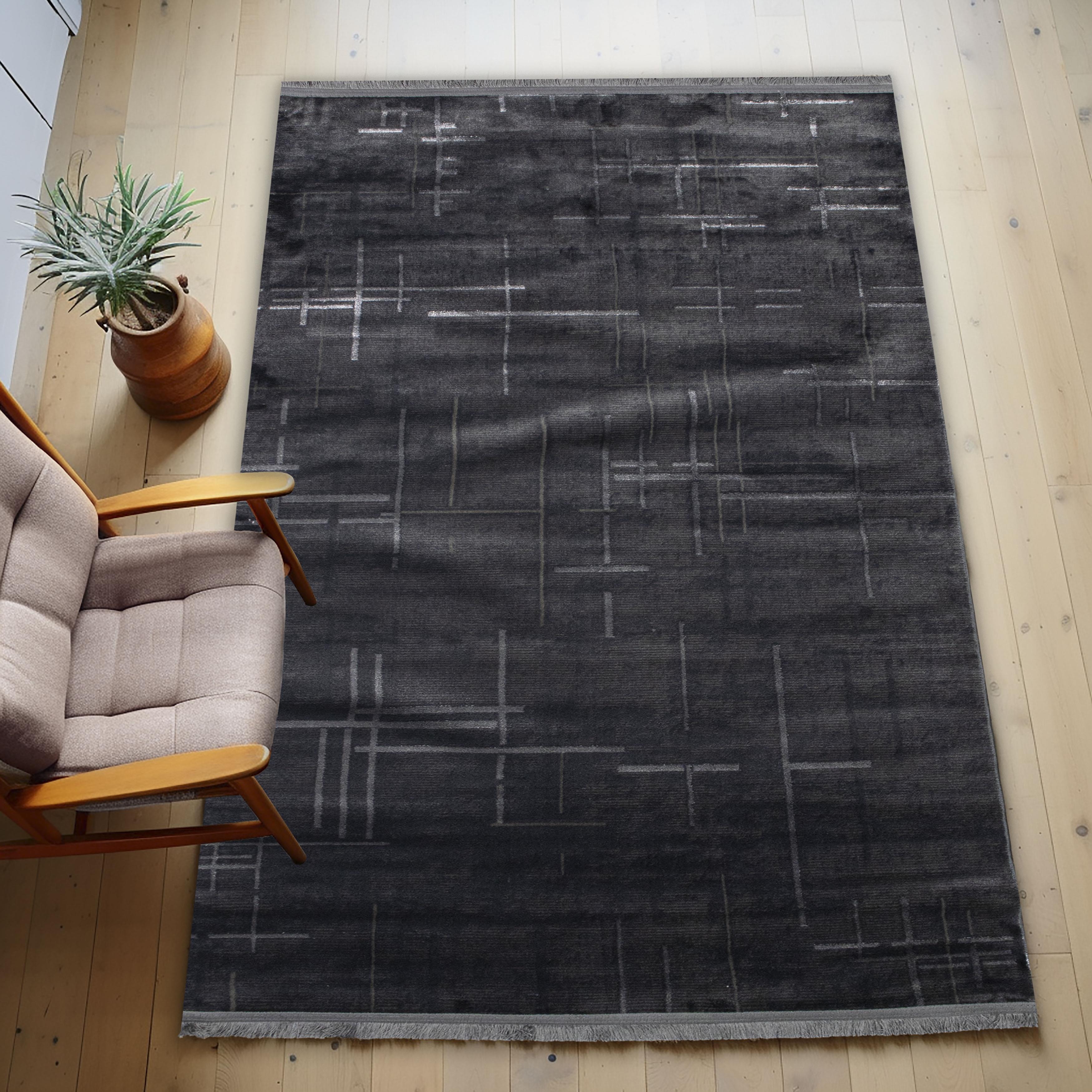 Antrasit Rengi Lotus Bambu Model Altı Kaymaz Makine Dokuma Halı